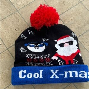 Cool X-mas Black Knit Pom Beanie with Red Pom. Lights up with On/Off button
